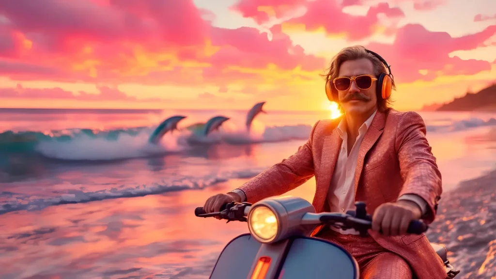 Jonas Taylor, French DJ, riding a Vespa scooter on the beach listening to French Touch music