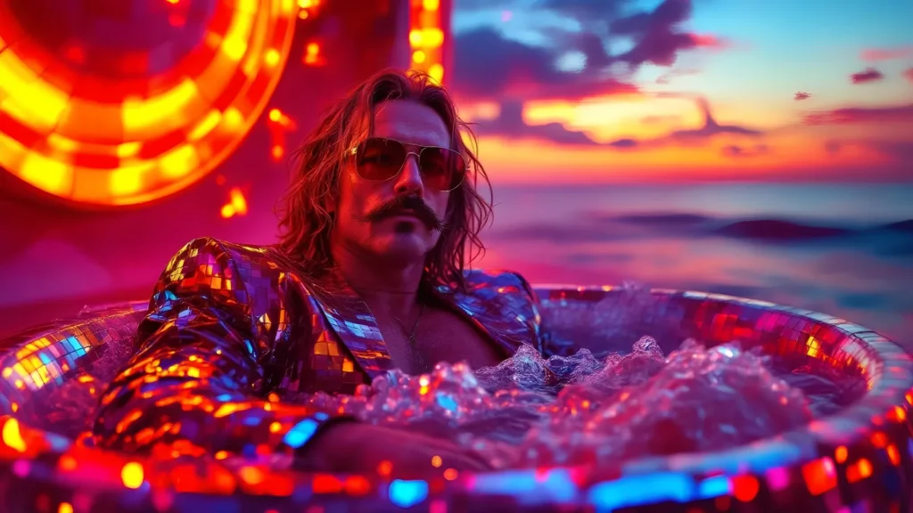 Jonas Taylor, French DJ, taking a bath in a bubble jacuzzi at a trendy nightclub