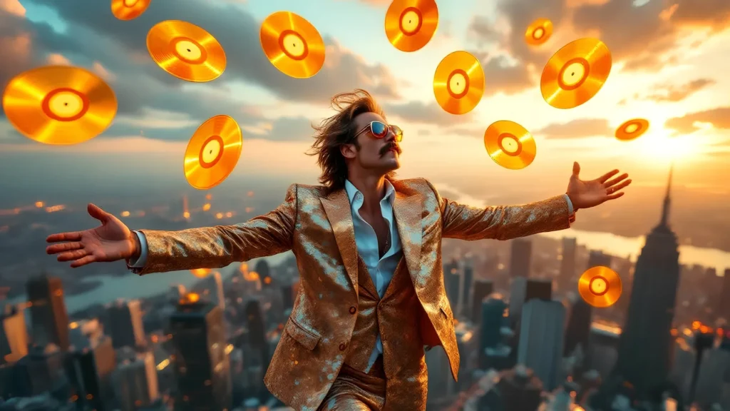 Jonas Taylor, French DJ, throwing vinyl records from French Touch Musique into the air