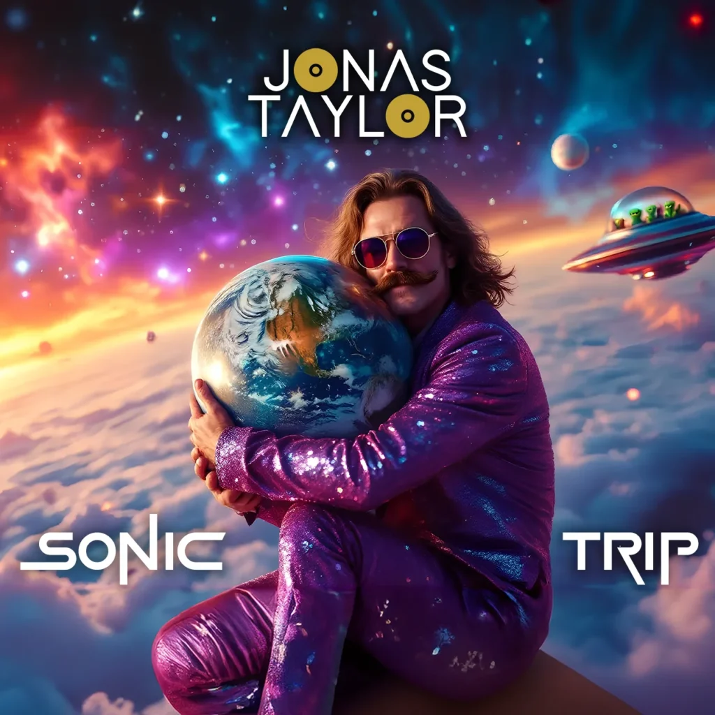 Sonic Trip album cover art – vibrant disco funk world music by Jonas Taylor